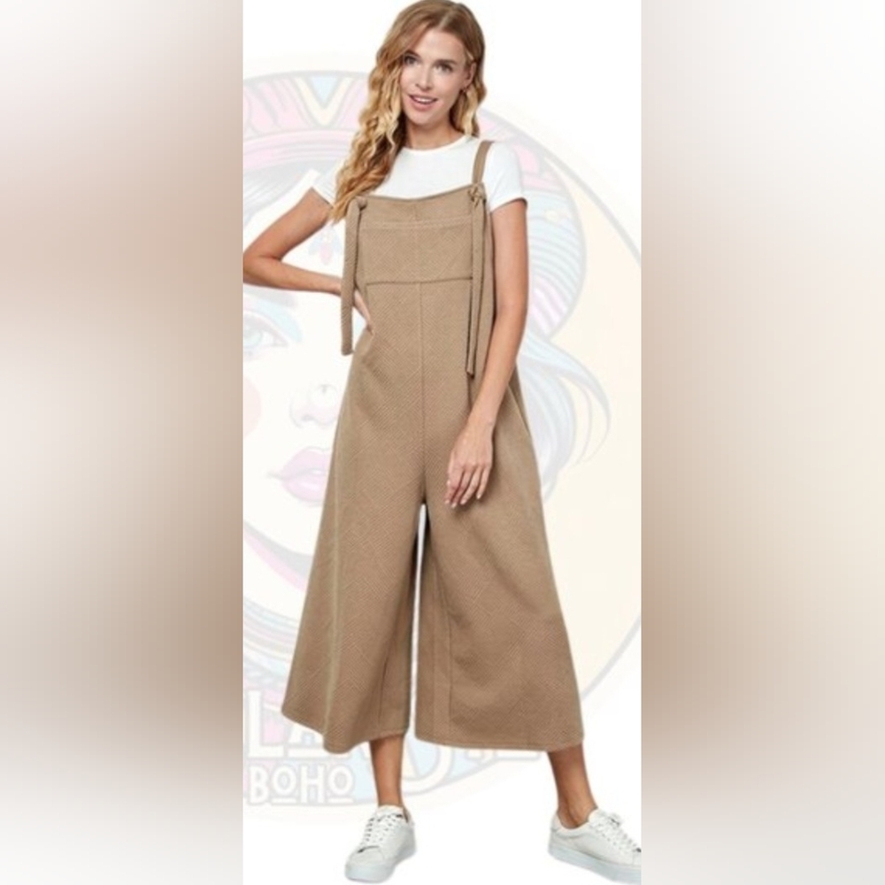 TAN Textured Cropped Wide Leg Jumper Overalls